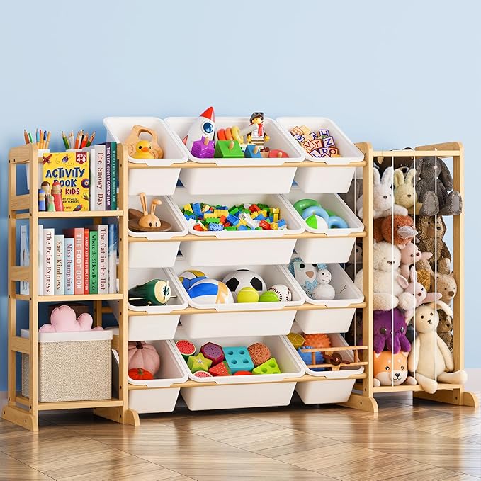 Toy Storage Organizer with Bookshelf and Stuffed Animal Storage - Kids Playroom Organization with Shelves and 12 Toy Bins - T