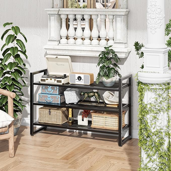 Simple Trending 3-Tier Expandable Shoe Rack, Adjustable & Stackable Shoe Organizer, Metal Mesh Free Standing Shoe Shelf Stora