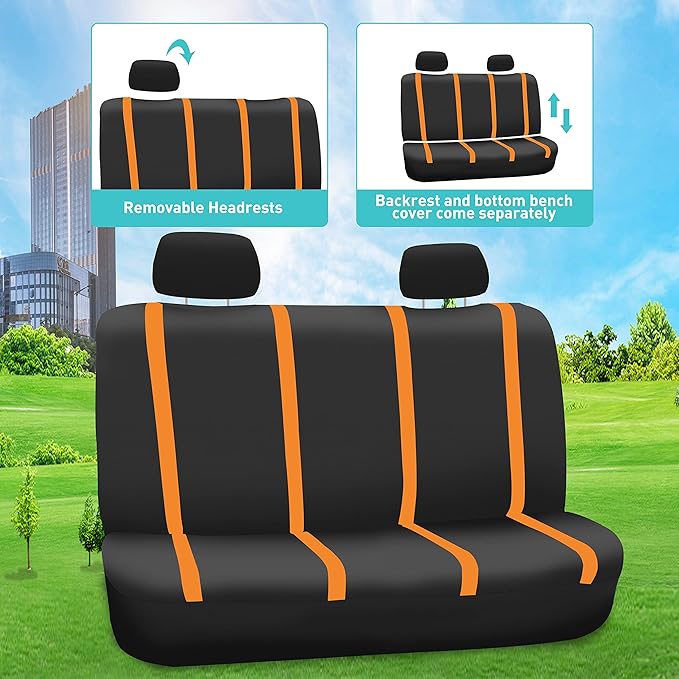 FH Group Unique Flat Cloth Full Set Car Seat Covers w. Silicone Steering Wheel Cover- Universal Fit for Most Cars, Trucks, SUVs or Vans (Orange/Black)