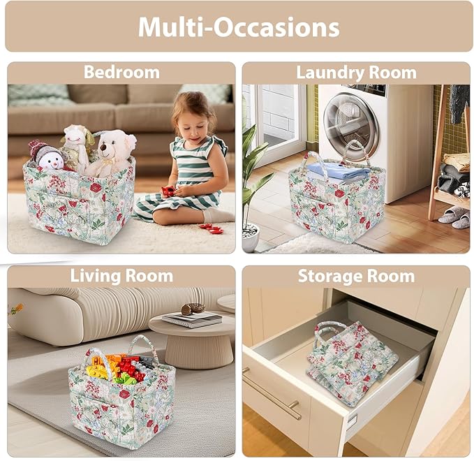 Storage Basket Boho Fabric Large Collapsible Floral Laundry Nursery Hamper Portable Folding Storage for Clothes Toys (Light G