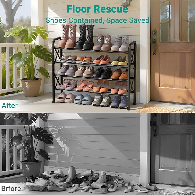 YEASHEIN 4-Tier Expandable Shoe Rack for Closet Floor, X-Frame Metal Small Shoe Rack for Entryway, Adjustable Shoe Shelf Orga