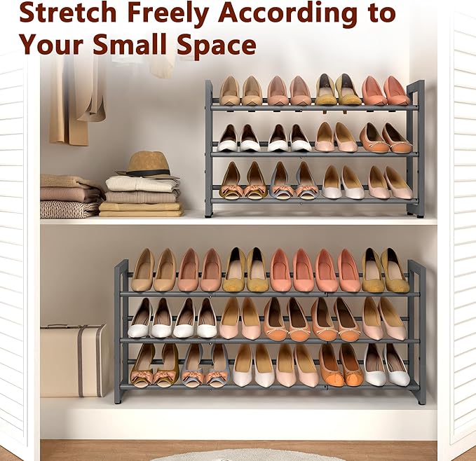 FAVOOSTY 3-Tier Expandable Shoe Rack, Adjustable Shoe Shelf Storage Organizer Space Saving Metal Free Standing Shoe Rack for 