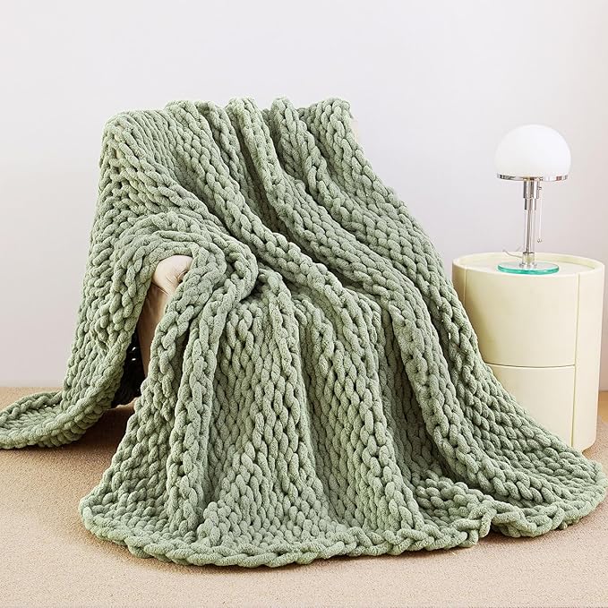 Admitrack Chunky Knit Blanket Throw, 100% Hand Knit Chenille Throw Blanket for Sofa & Home Decor, Soft and Cozy Knitted Throw