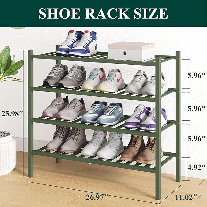 Smiry Bamboo Shoe Rack for Closet, 4 Tier Wooden Stackable Shoe Organizer, Free Standing Shoes Storage Shelf for Entryway, Fr