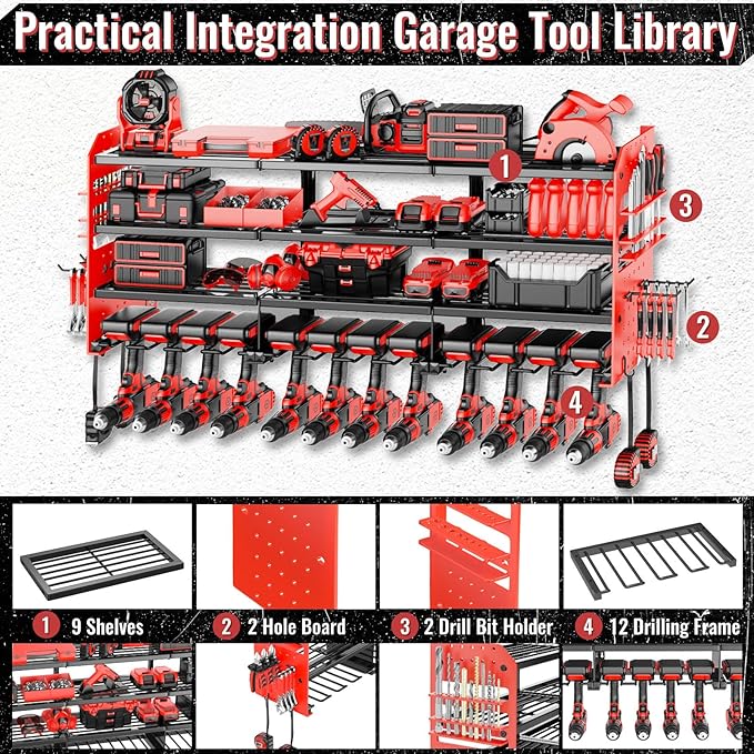 Large Power Tool Organizer Wall Mount-12 Drill Holder, Metal Heavy Duty Garage Tool Storage Shelves with Screwdriver Plier Ho