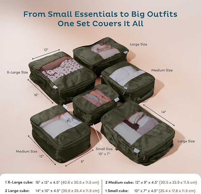 6-Pack Large Compression Packing Cubes for Travel - Lightweight Compression Packing Cube Set, Water-Resistant Luggage Organiz