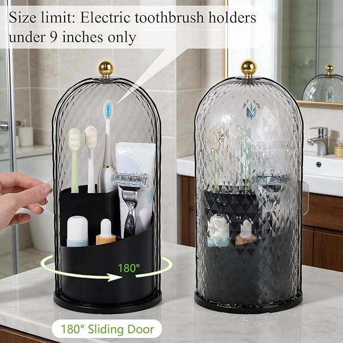 Toothbrush Holder with Cover for Bathroom Countertop, Rotating Organizer for Electric Tooth Brush and Toothpaste, 3-Slot Make
