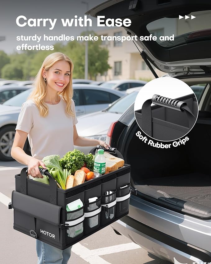 HOTOR Car Trunk Organizer - Foldable Trunk Organizer for SUV, Car Storage with Reflective Strips Securing Cover, Large Capacity