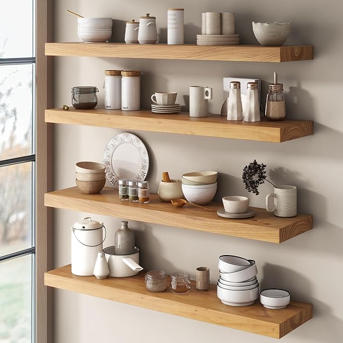 Elm Floating Shelves for Wall Decor, Rustic Solid Wood Shevles Wall Mounted with Invisible Bracket for Living Room Bathroom B