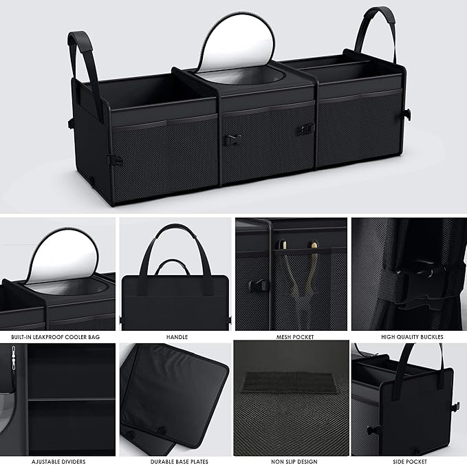 Trunk Organizer, 95L Capacity SUV Trunk Organizer with Cooler, 3 Compartments Heavy Duty Collapsible Car Storage Organizer