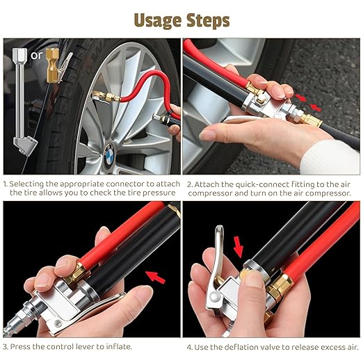 Heavy Duty Tire Pressure Gauge Inflator for Trucks & RVs (10-120 PSI) - Dual Head Air Chuck with 4-Way Tool, Rubber Hose & Valve Cores, 1/4" NPT Inlet