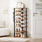 HOOBRO 8 Tiers Vertical Shoe Rack, Wooden Shoe Storage Organizer with Hooks, Narrow Shoe Tower for 16 Pairs, Space Saving, fo