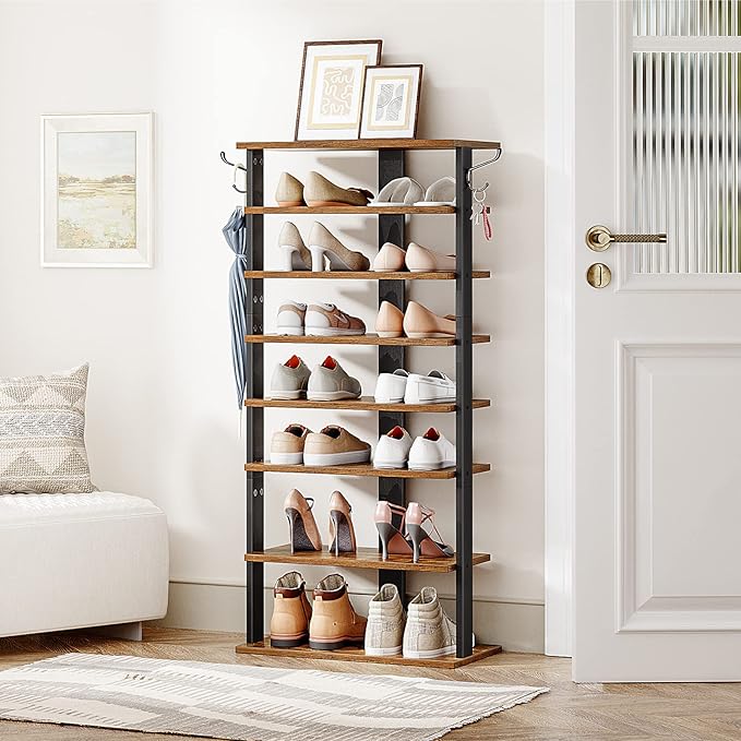 HOOBRO 8 Tiers Vertical Shoe Rack, Wooden Shoe Storage Organizer with Hooks, Narrow Shoe Tower for 16 Pairs, Space Saving, fo
