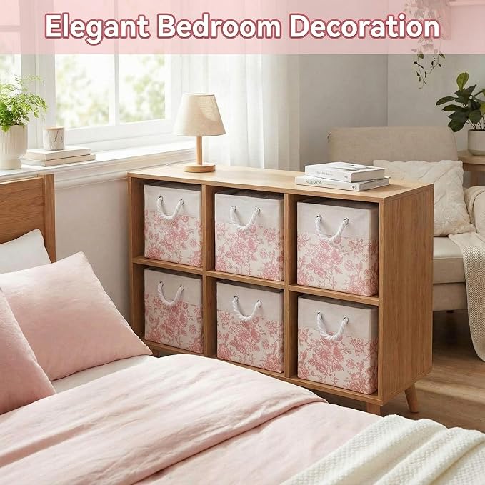 LemonRoad 6 Pcs Pink Floral Cube Storage Bins 11.22 Inch Square Storage Basket with Handle, Preppy Girls Organizer Basket, Co