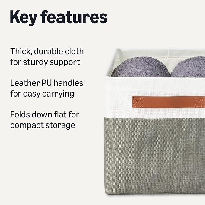 Amazon Basics Collapsible Storage Bins with Faux Leather Handles, Foldable Organizing Containers for Closet, Charcoal, Large,