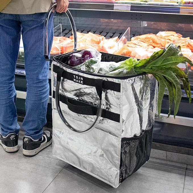 Reusable Grocery Bag On Wheels, Shopping Cart, Rolling Tote with 8 Pockets and Zipper Cover, Foldable, Heavy Duty Handles, Carries Up to 46 LBS (Medium, Silver)