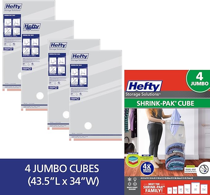 Hefty Shrink-Pak Vacuum Storage Bags – For Clothes, Pillows, Towels, Blankets & More – Space Saver Vacuum Suction Sealer Bags