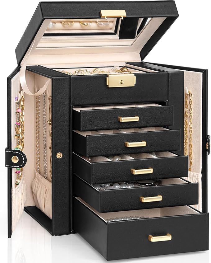 AKOZLIN 6-Tier Jewelry Box Lockable Leather Jewelry Storage Case with 5 Drawers for Women Girls Ring Necklace Earring Bracele