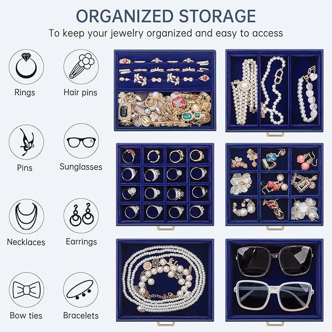 AKOZLIN 6-Tier Jewelry Box Organizer Functional 5 Drawers Leather Jewelry Storage Case for Women Girls Ring Necklace Earring 