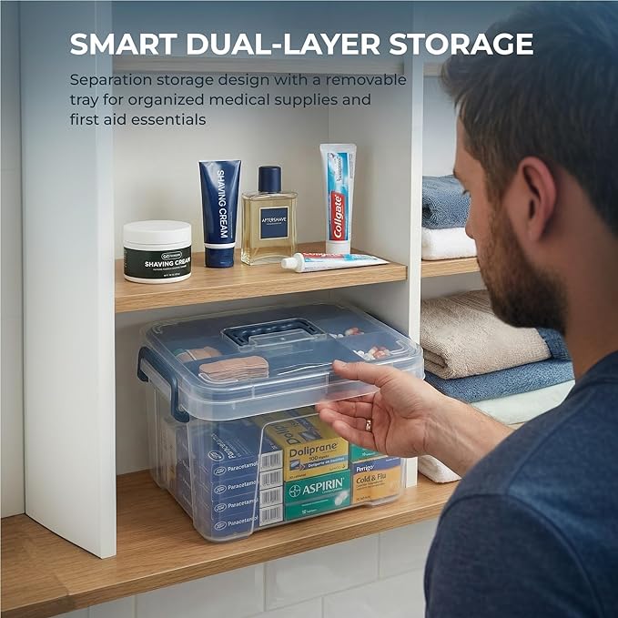 Pulseplay Clear Medicine Organizer Box with Handle Medicine Cabinet Organizer with Removable Tray First Aid Box Empty for Hom