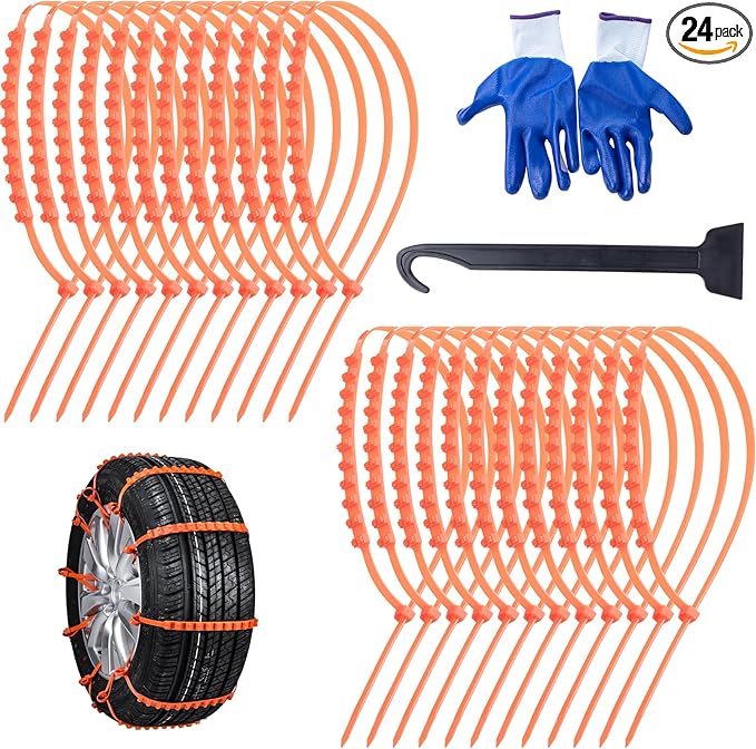 24 Pcs Reusable Snow Chains Universal Emergency Adjustable Anti-skid Tire Chains Fit for Most Car SUV Pickup Trucks Car for S