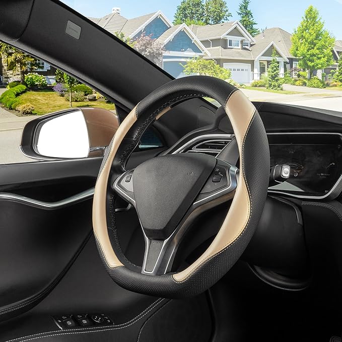SEG Direct D Shaped Steering Wheel Cover, Flat Bottom Car Wheel Cover 14 1/2-15 in. (37-39 cm), Black and Beige Microfiber Le