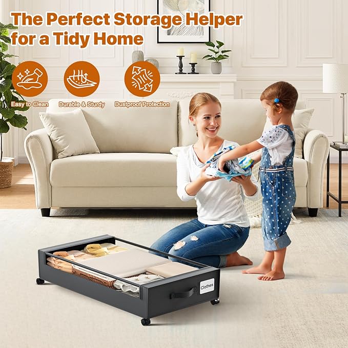 Under Bed Storage with Wheels,XXL 60L Under Bed Storage Containers with Clear Lids, Rolling Under Bed Metal Drawer for Clothe