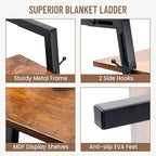 5 Tier Blanket Ladder with Shelf and Hooks, 4.8ft Metal Ladder Shelf Blanket Holder Storage Rack for Living Room, Free Standi