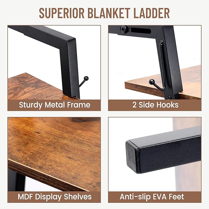 5 Tier Blanket Ladder with Shelf and Hooks, 4.8ft Metal Ladder Shelf Blanket Holder Storage Rack for Living Room, Free Standi