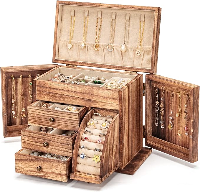 Poyilooo Jewelry Box Organizer, Solid Wood Jewelry Boxes for Women for Storage & Display Necklace Ring Earring Bracelet, Rust