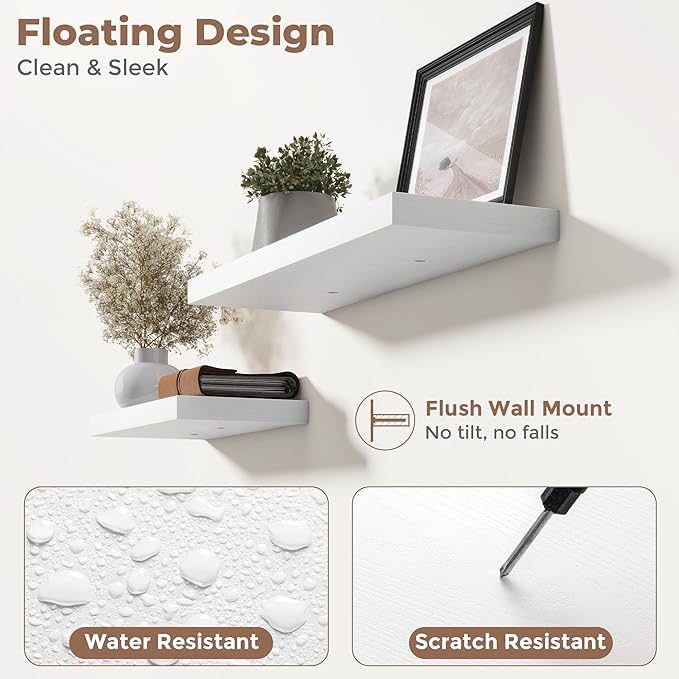 48 Inch Floating Shelves for Wall Set of 2, 8"D Wood Grain Bathroom Shelves with Invisible Brackets, Easy Install Engineered 