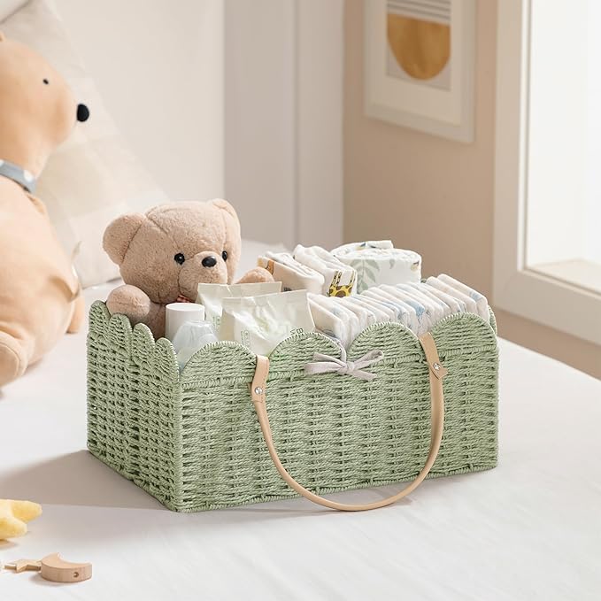 HBlife Large Baby Diaper Caddy, Paper Rope Scalloped Storage Baskets Nursery Bin with Removable Divider, Portable Car Organiz