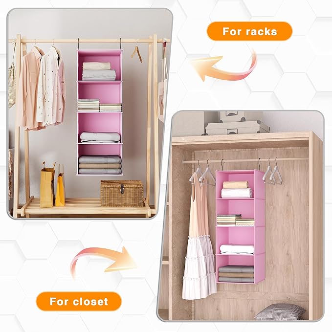 Hanging Closet Organizer, Easy Mount Foldable 4-Shelf Hanging Closet Wardrobe Storage Shelves, Clothes Handbag Shoes Accessor