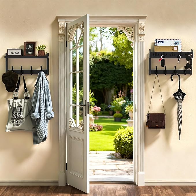 35'' Long Black Coat Rack Wall Mount with Shelf, Solid Wood Coat and Key Hanger with 13 Metal Hooks, Farmhouse Wall Organizer