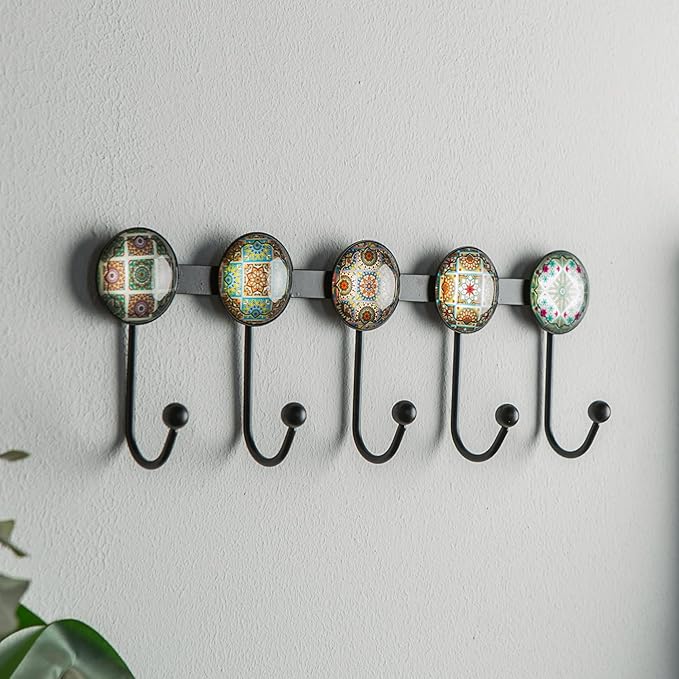Boho Coat Rack Wall Mounted with 5 Hooks, Forest Theme Mandala Pattern Decorative Wall Hooks for Hanging Hat, Key, Towel, Pur