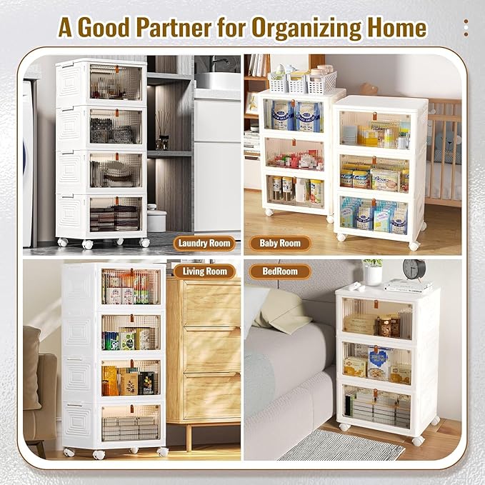 CTSNSLH 4 Tier Plastic Storage Bins and Boxes Organizer - Stackable with Lids for Bedroom, Living Room, Office - Foldable Con