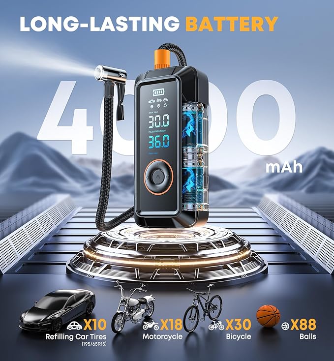 Tire Inflator Portable Air Compressor, Cordless & 12V DC Air Inflator for Car Bikes MotorcycleTires Balls with Auto Shut-Off, Digital Pressure Gauge, Compact Emergency Pump