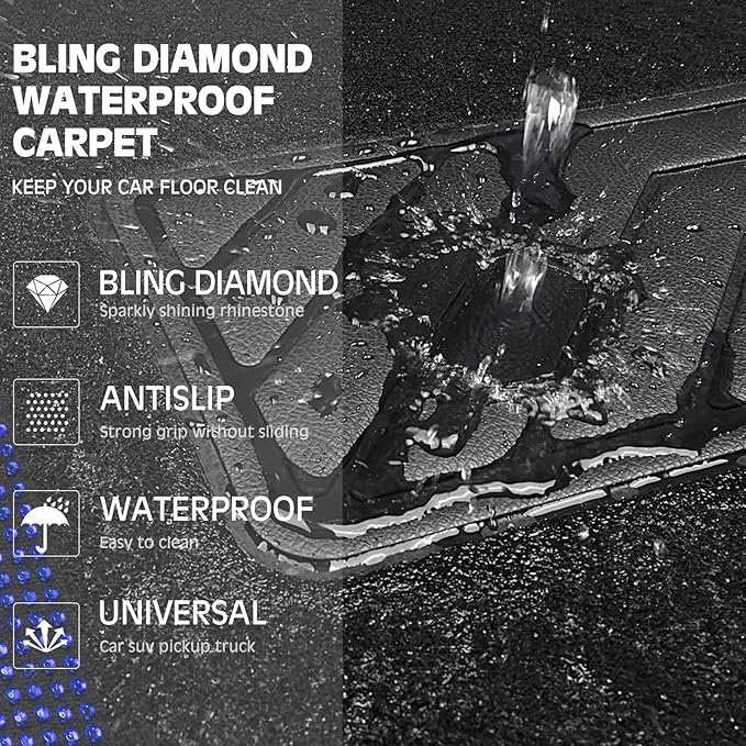CAR PASS Bling Diamond Leather Steering Wheel Cover 14.5in-15in Floor Mats Shining Rhinestone Carpet Sparkly Glitter Crystal Anti-Slip Pad Fit Automotive SUV Pickup Truck Girl Women, 5pcs Black Blue