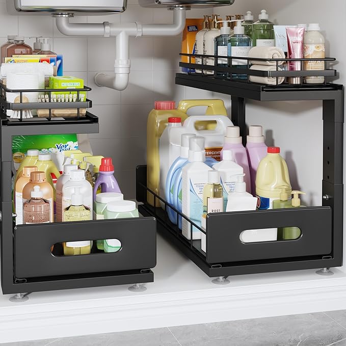 Under Sink Organizer Upgrade To Professional Rails,2-Tier Dual Pull Out Cabinet Storage,Height Adjustable Slide Out Drawers F