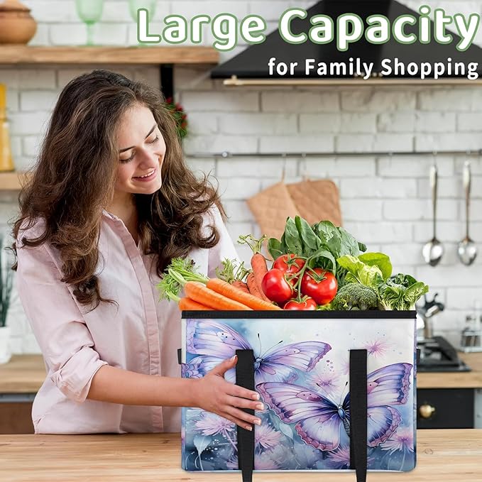 Reusable Grocery Bags Heavy Duty Shopping Bags Foldable Large Tote Bags with Long Handles & Hard Bottom