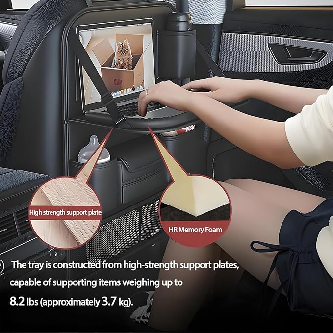 Universal Foldable Car Backseat Organizer with Table Tray, Car Seat Back Protector with Touch Screen Phone Holder, Premium Leather Kick Mats with Storage Pockets Tissue Holder (Black)