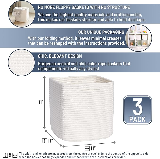 NaturalCozy Storage Cubes 11 Inch Cotton Rope Woven Baskets for Organizing, 3-Pack | Cube Storage Bin | Square Storage Basket