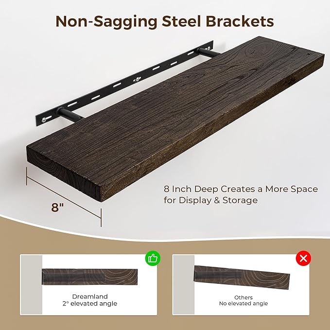 Dreamland 24 Inch Floating Shelves, Rustic Elm Wood Wall Shelf for Home Decor, 8 Inch Deep Floating Shelf for Wall, 24 x 8 Ba