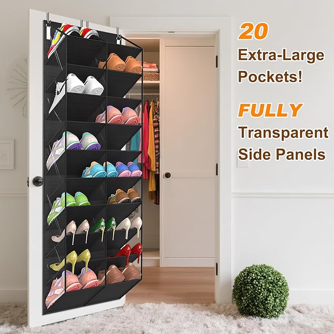 UVIAHOMI 20-30 Pairs Over the Door Shoe Organizer, Clear Pockets Hanging Shoe Storage for Closet, 10-Tier Door Shoes Rack, Ha