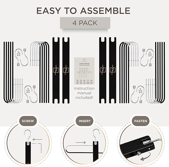 MORALVE Pants Hangers Space Saving - 4 Pack European Beechwood Scarf and Jean Hangers - Closet Organizer and Space Saver Pant