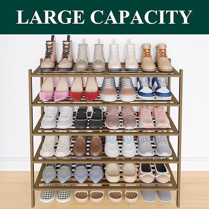 Smiry Long Bamboo Shoe Rack 5-Tier, Stackable Wooden Shoe Organizer for Entryway & Closet, Free Standing Wood Shoe Storage Sh