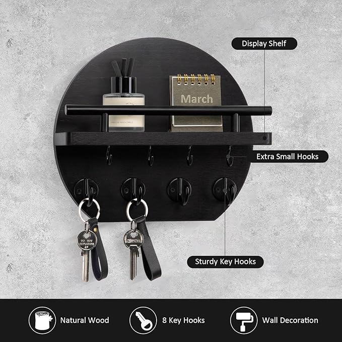 Nekon Key Holder for Wall - 9.8 Inch Apartment Wall Decor with Shelf and 8 Key Hooks, Circular Wood Key Hanger for Home Decor