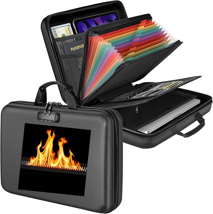 Fireproof Document Organizer Bag, 5200℉ File Organizer Safe Box, Hard Shell Document Bag with 13 Pocket Accordion File Folder