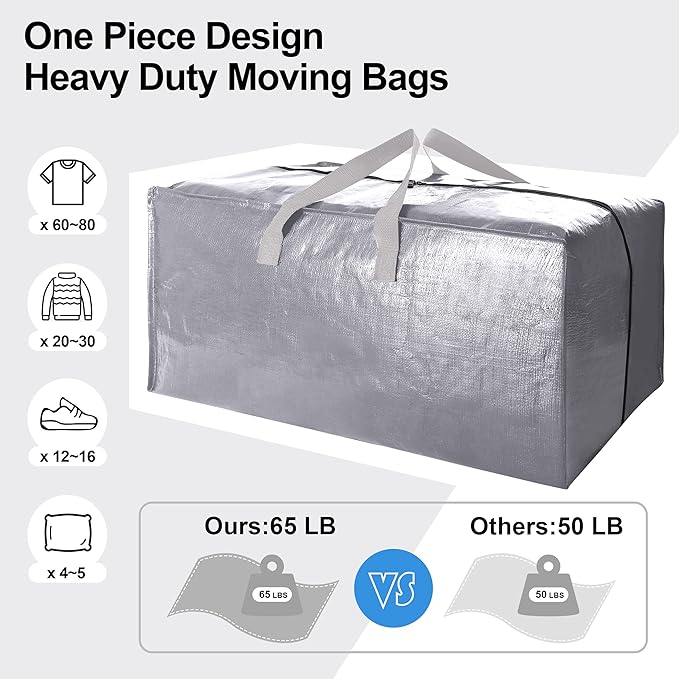 VELVETSURE Heavy Duty Extra Large Moving Bags W/Backpack Straps - Strong Handles & Zippers, Storage Totes For Space Saving, F