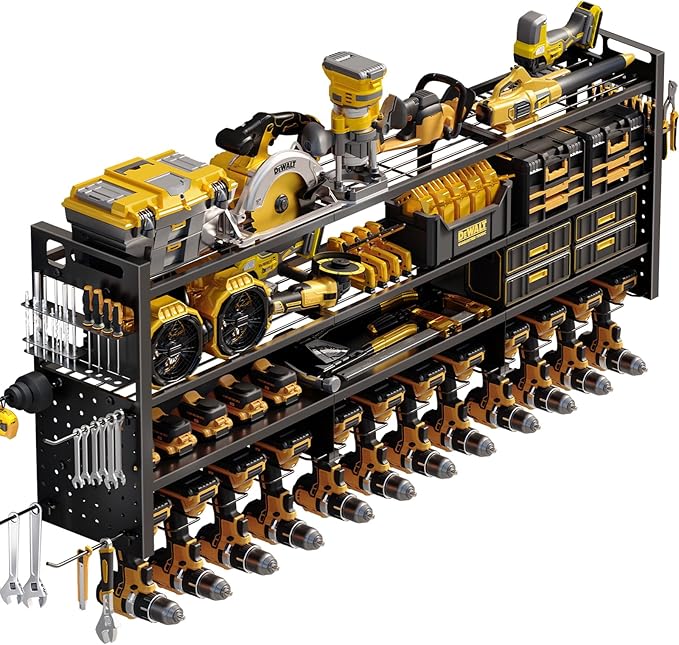 Large 49''W Power Tool Organizer Wall Mount | 620lbs Garage Storage Rack with 12 Cordless Drill Holder | 4-Tier Heavy Duty Ut